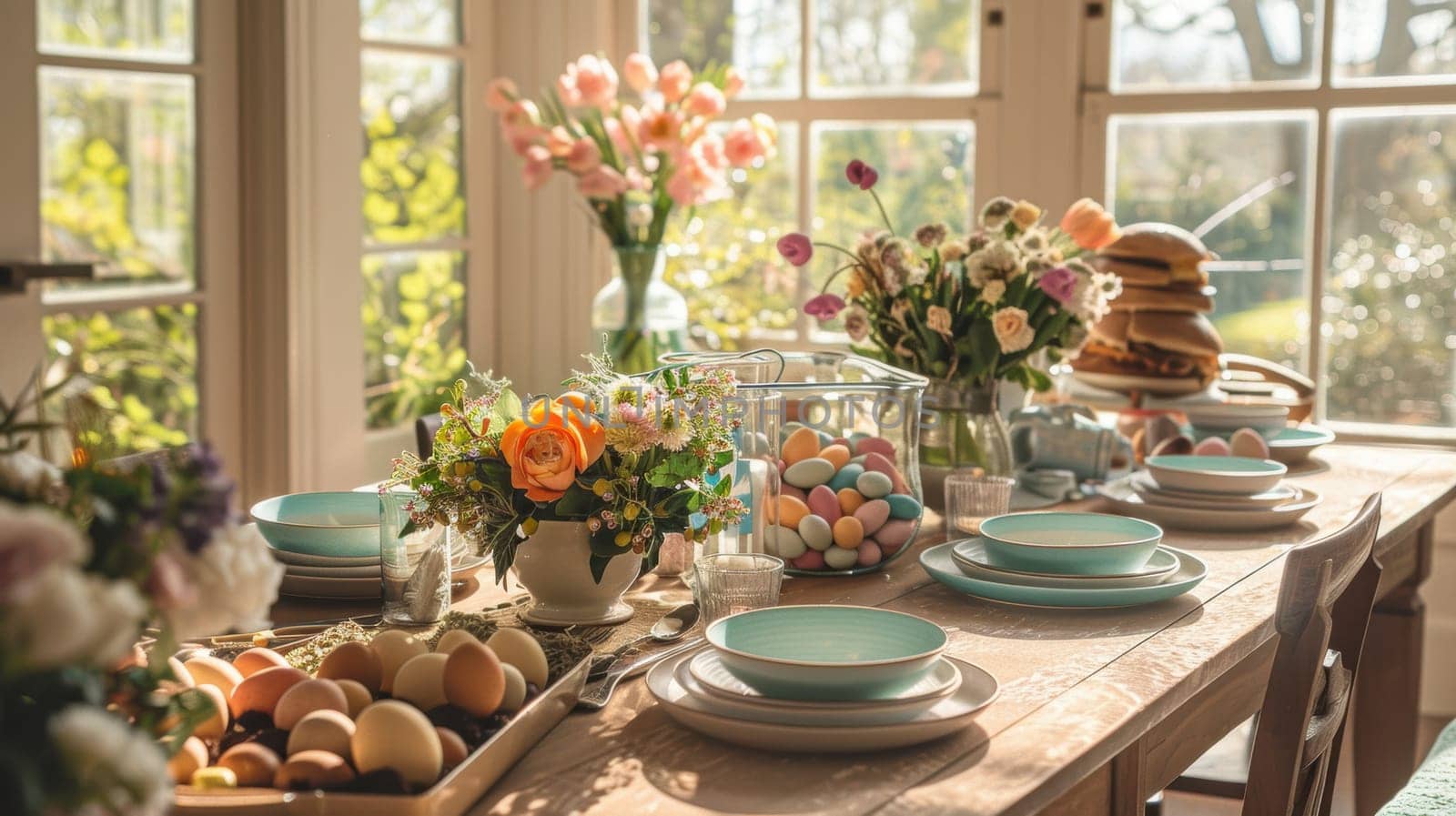 Elegant easter brunch setting features a sunlit dining room with a long wooden table adorned with pastel plates, spring flowers, and decorated eggs. a variety of homemade dishes complements the serene, festive atmosphere.