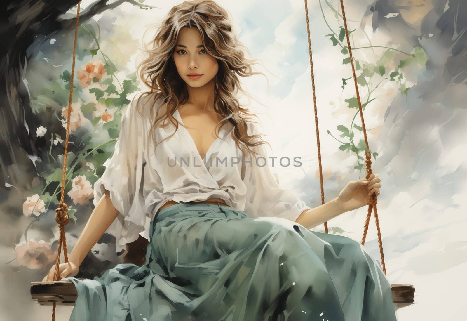 Watercolor, woman in a dress on a swing on a delicate background. Selective focus.