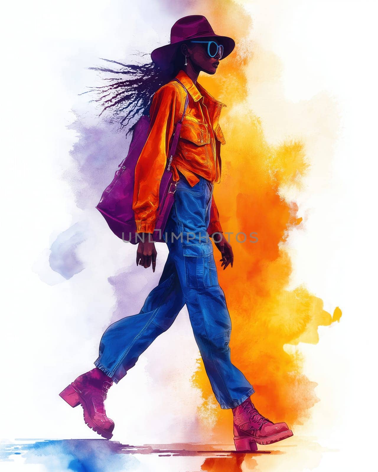 Watercolor illustration of a young woman in elegant clothing. Selective focus.