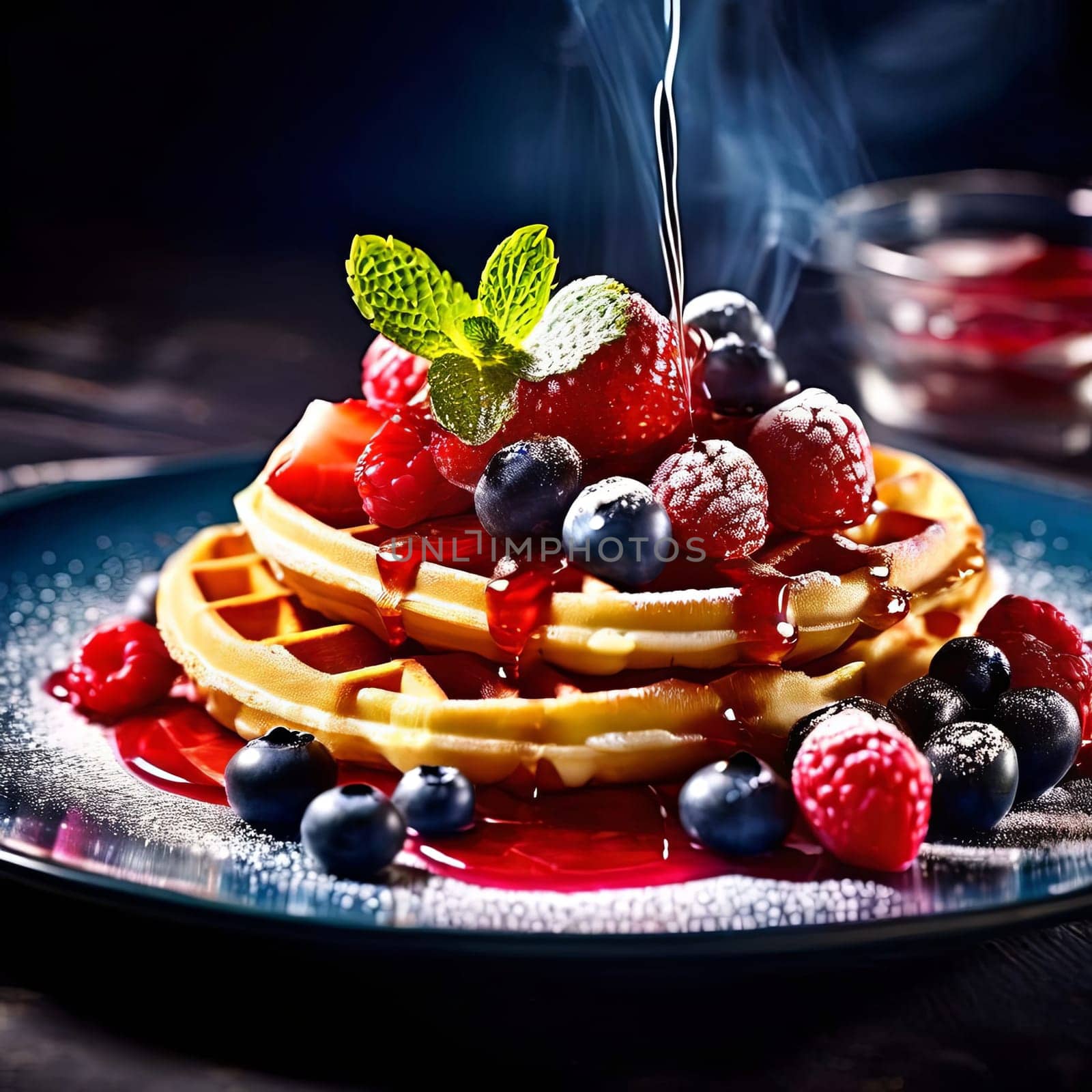 Tempting plate of waffles featuring a medley of fresh berries. Rich syrup adds indulgence, while vibrant colors attract attention. Ideal for food marketing and lifestyle content