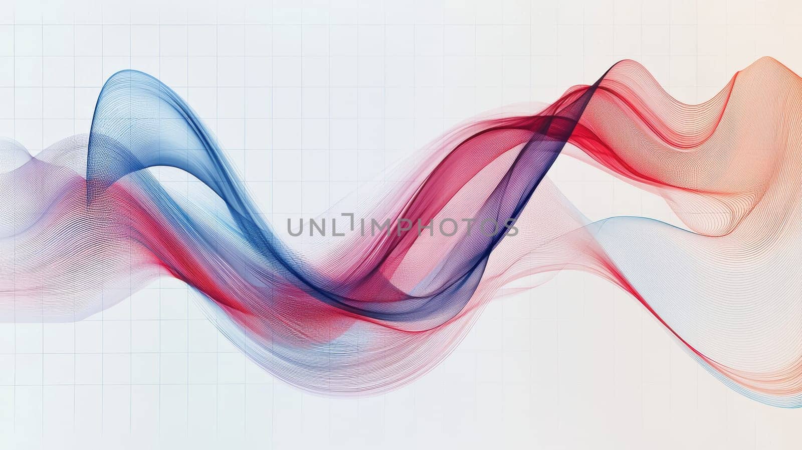 Area chart visualizing the 50-year correlation between inflation rates and unemployment, featuring dynamic flowing curves in red and blue hues on a grid background. ideal for data analysis, presentations, and educational purposes.