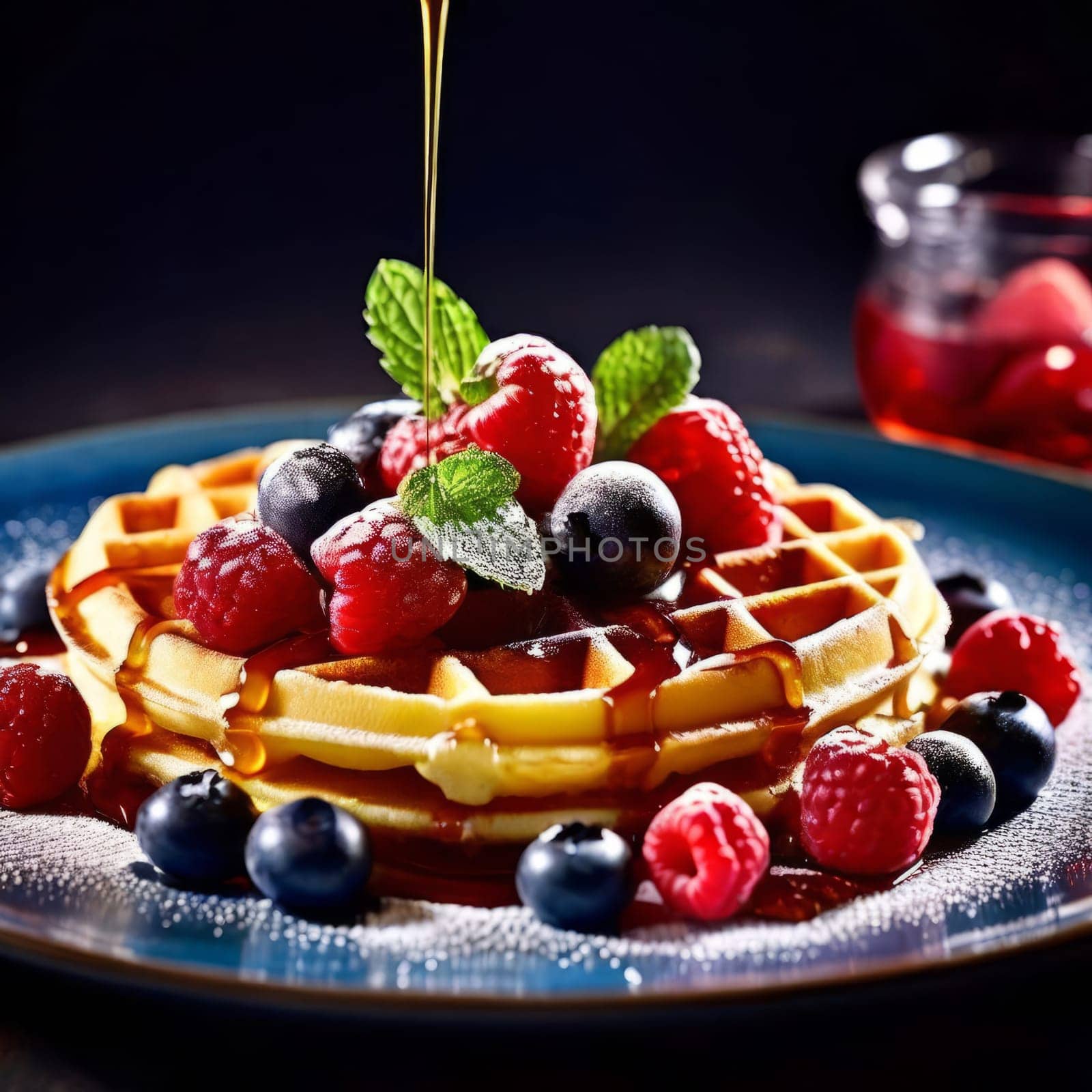 Fluffy waffles adorned with a colorful assortment of berries. Drizzled with sweet syrup and dusted with powdered sugar, making it a great choice for food photography and recipe sharing