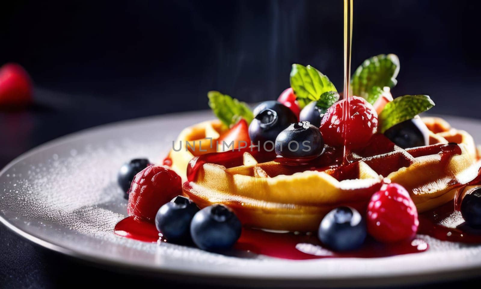 Tempting plate of waffles featuring a medley of fresh berries. Rich syrup adds indulgence, while vibrant colors attract attention. Ideal for food marketing and lifestyle content