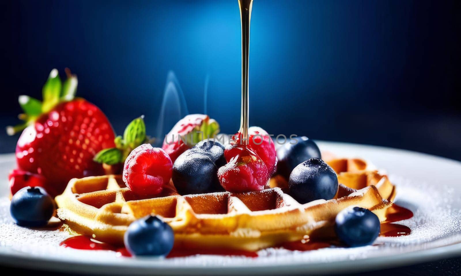 Scrumptious waffles topped with ripe strawberries and blueberries. Syrup flows over, creating a deliciously inviting scene perfect for breakfast culture and culinary inspiration