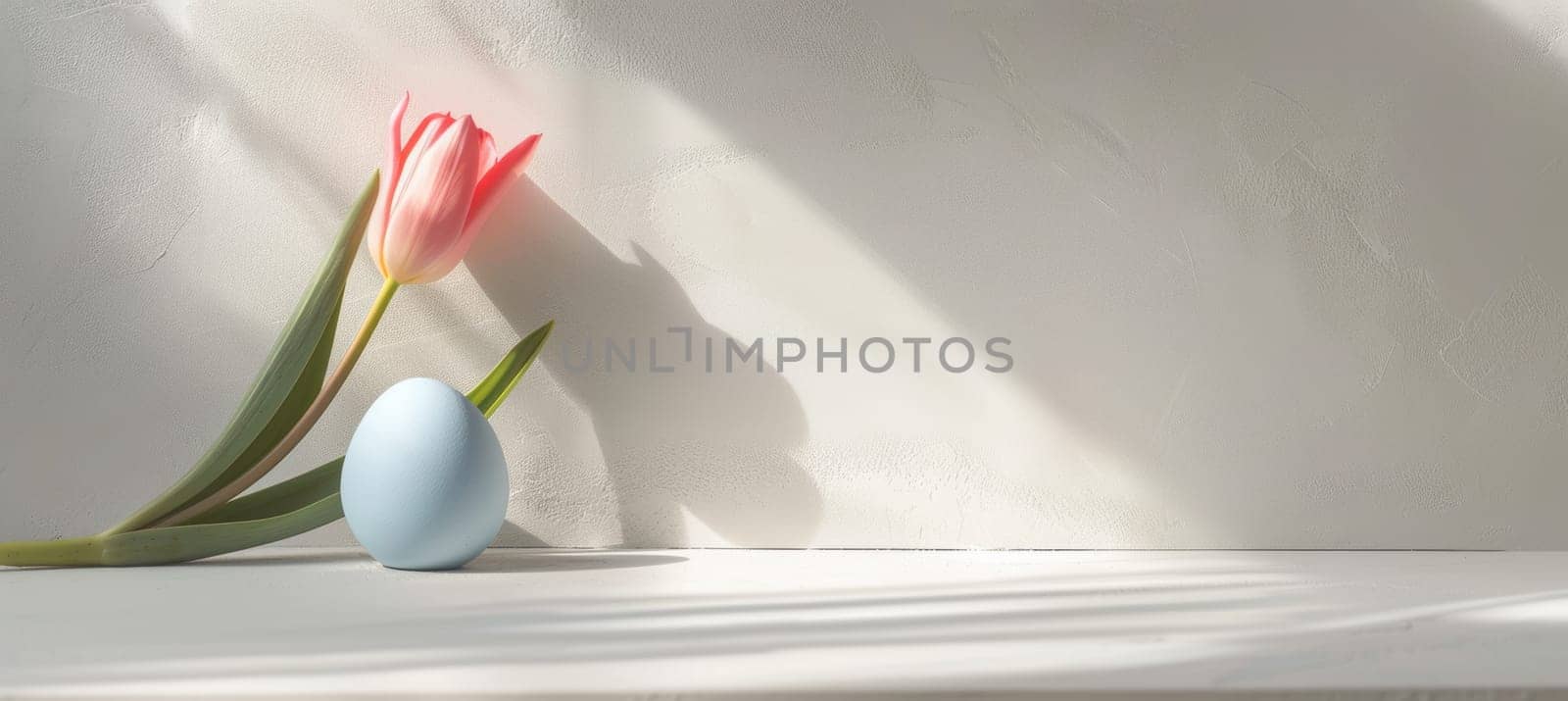 Smooth white surface adorned with a pastel-colored easter egg and pink tulip, creating a modern minimalist aesthetic. soft shadows and gentle light enhance the clean, serene atmosphere, ideal for contemporary designs and seasonal themes.