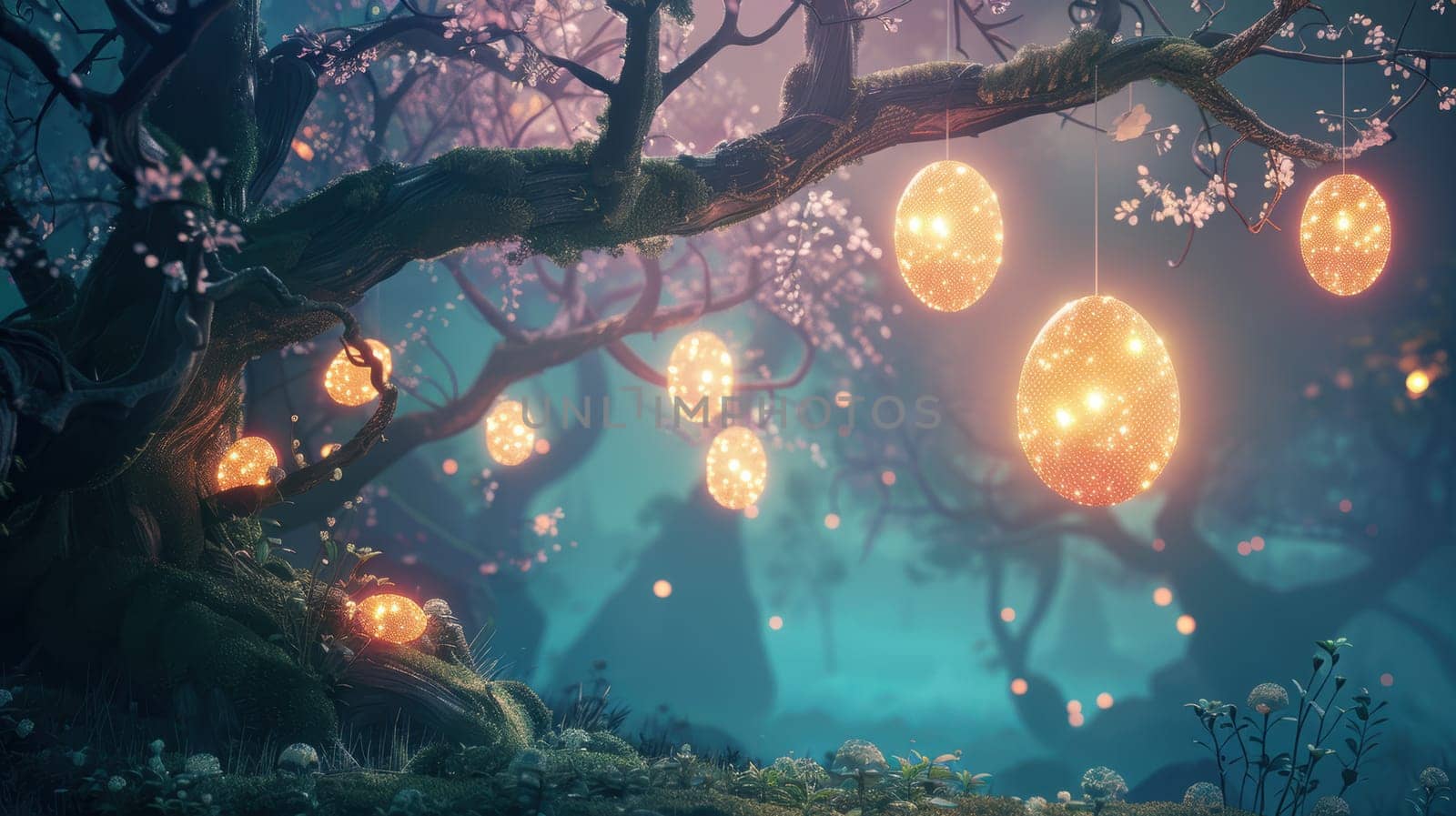 A magical forest scene where illuminated easter eggs dangle from tree branches, casting a warm glow. the setting is enveloped in soft moonlight, enhancing the whimsical atmosphere with enchanting details of nature and fantasy.