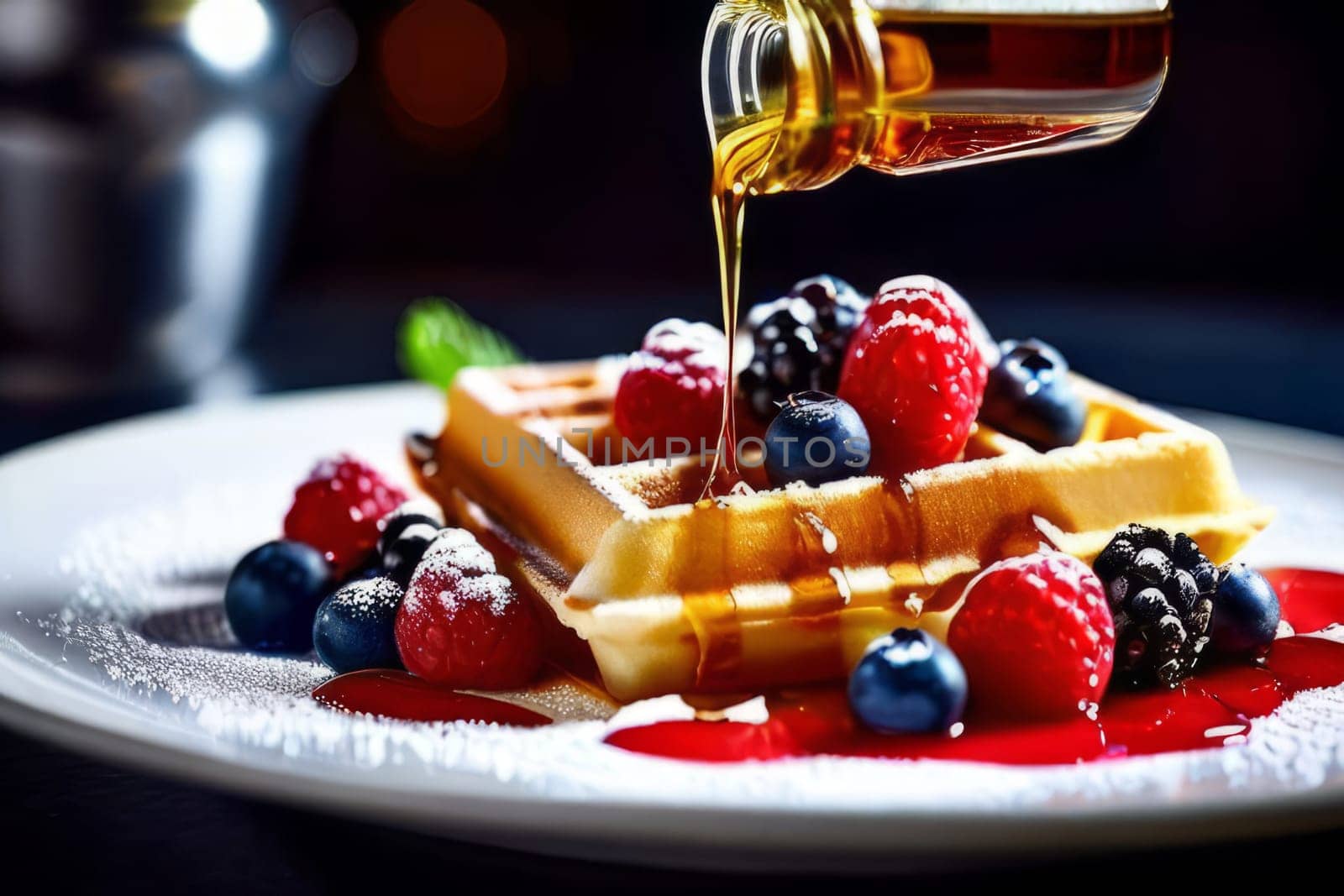 Fluffy waffles topped with luscious berries and syrup. Bright colors evoke warmth and comfort, making it ideal for food related marketing and brunch promotions