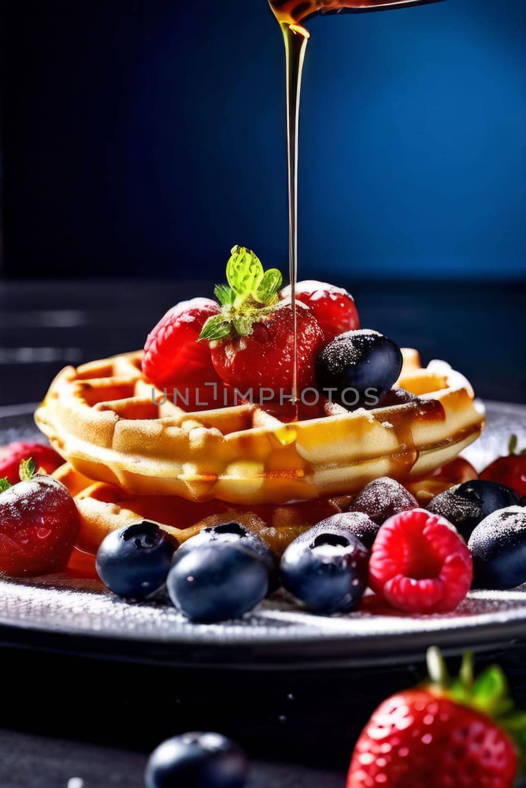 Delectable waffles served with fresh strawberries, blueberries, and syrup. Eye catching presentation makes it perfect for culinary advertisements and social media engagement