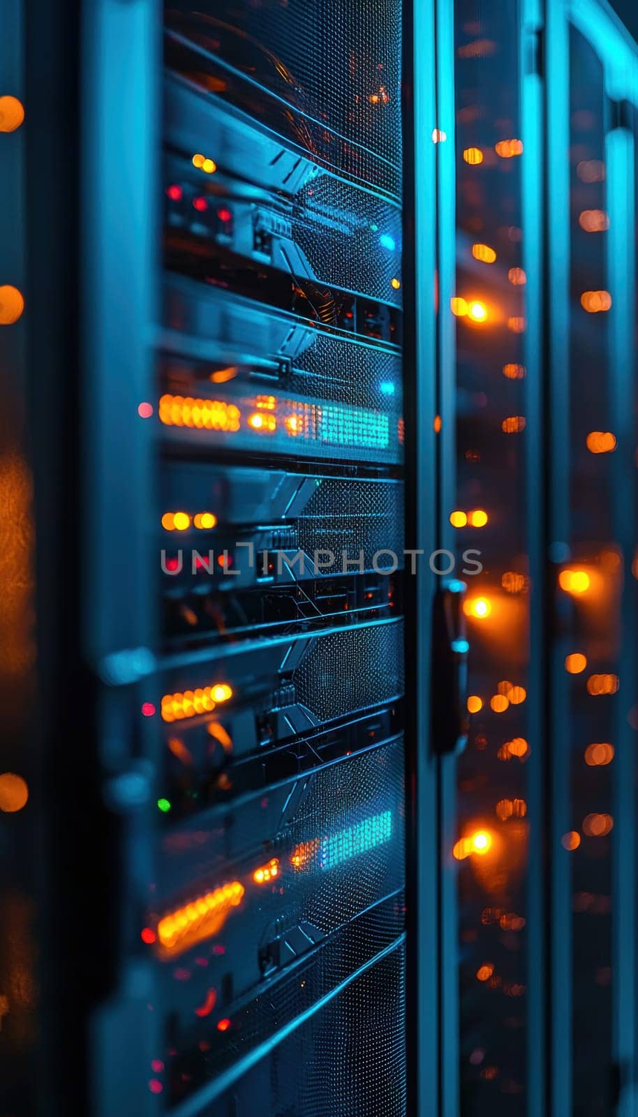 In a data center, sleek server racks feature flashing led lights and intricate wiring, advanced technology. cool blue hues reflect a modern, high-tech environment essential for network infrastructure and data management.