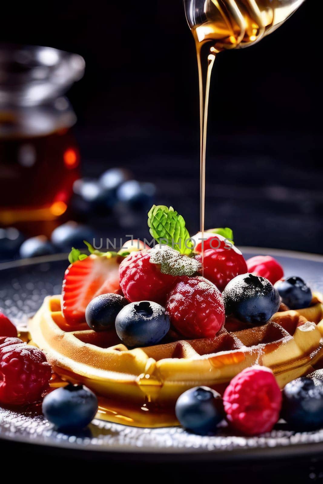 Mouthwatering waffles topped with juicy strawberries and blueberries. Syrup cascades down, enhancing visual appeal. Perfect for advertising breakfast specials and social media posts