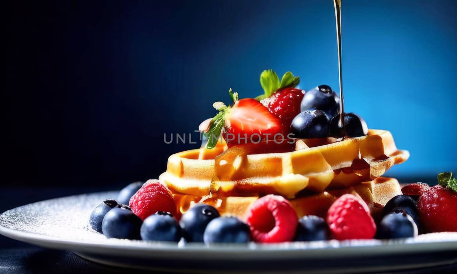 Fluffy waffles adorned with a colorful assortment of berries. Drizzled with sweet syrup and dusted with powdered sugar, making it a great choice for food photography and recipe sharing