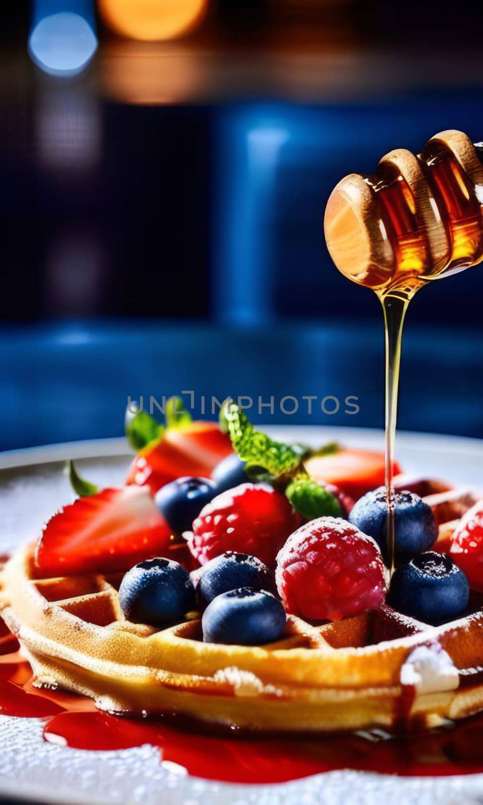 Tempting plate of waffles featuring a medley of fresh berries. Rich syrup adds indulgence, while vibrant colors attract attention. Ideal for food marketing and lifestyle content