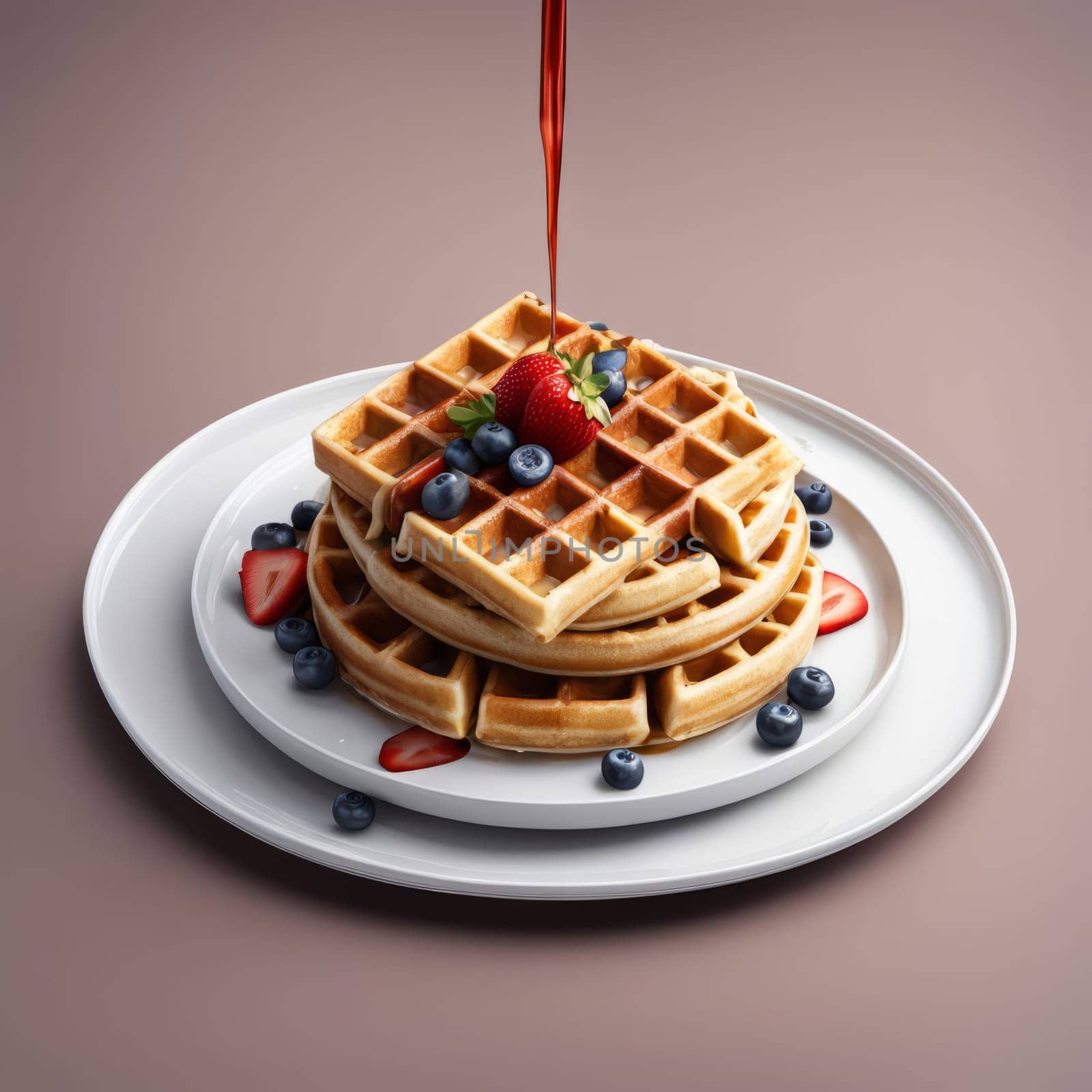 Golden waffles drizzled with rich syrup, topped with fresh strawberries, blueberries, and raspberries. Garnished with mint leaves, creating an inviting breakfast scene perfect for food lovers