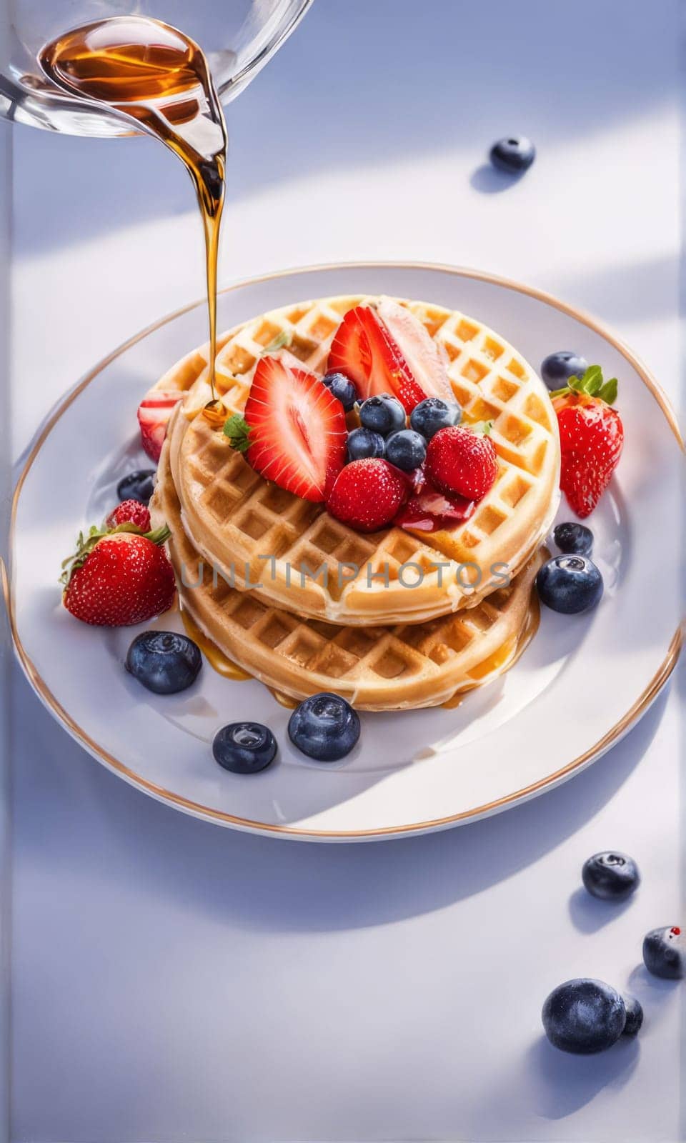 Fluffy waffles adorned with a colorful assortment of berries. Drizzled with sweet syrup and dusted with powdered sugar, making it a great choice for food photography and recipe sharing