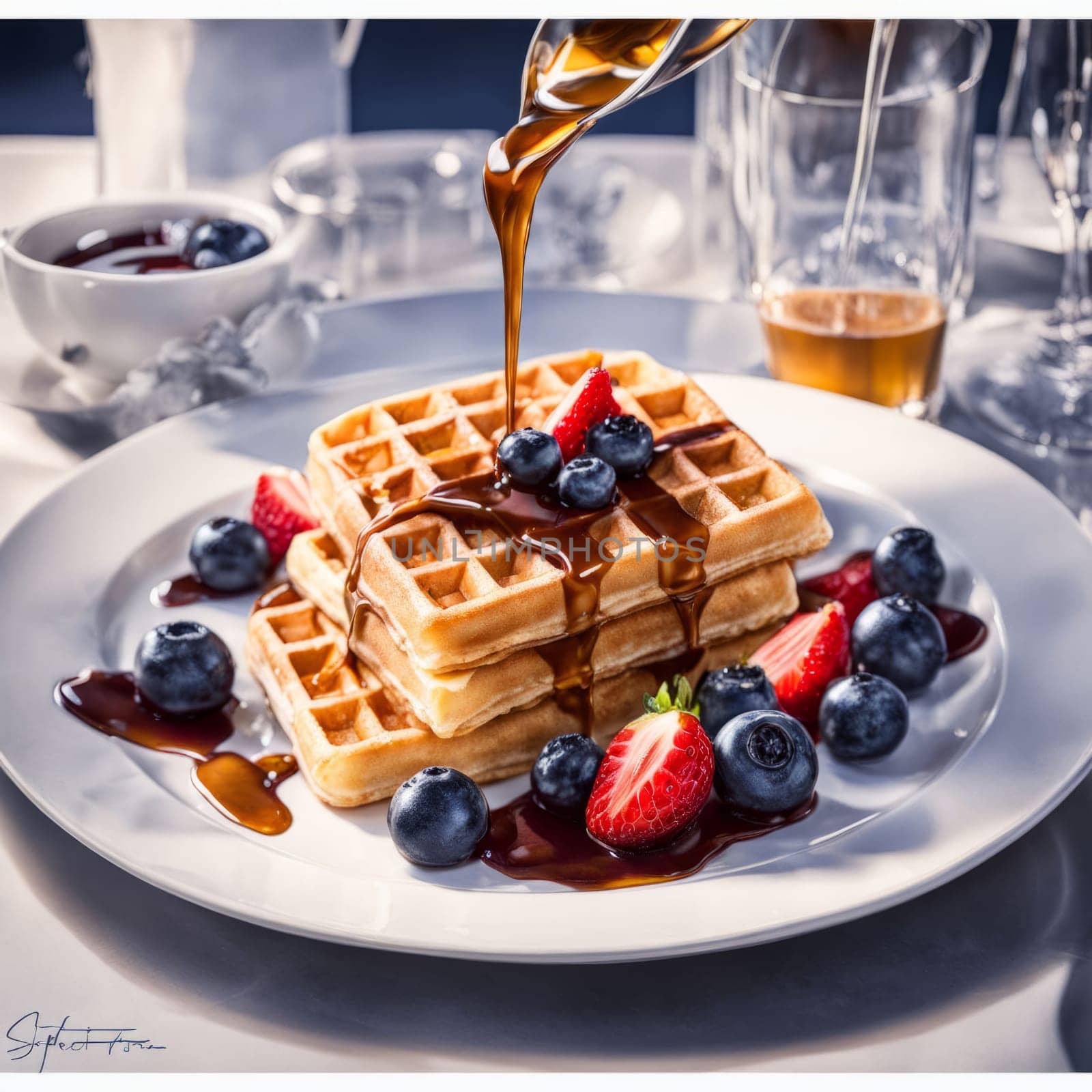 Scrumptious waffles topped with ripe strawberries and blueberries. Syrup flows over, creating a deliciously inviting scene perfect for breakfast culture and culinary inspiration