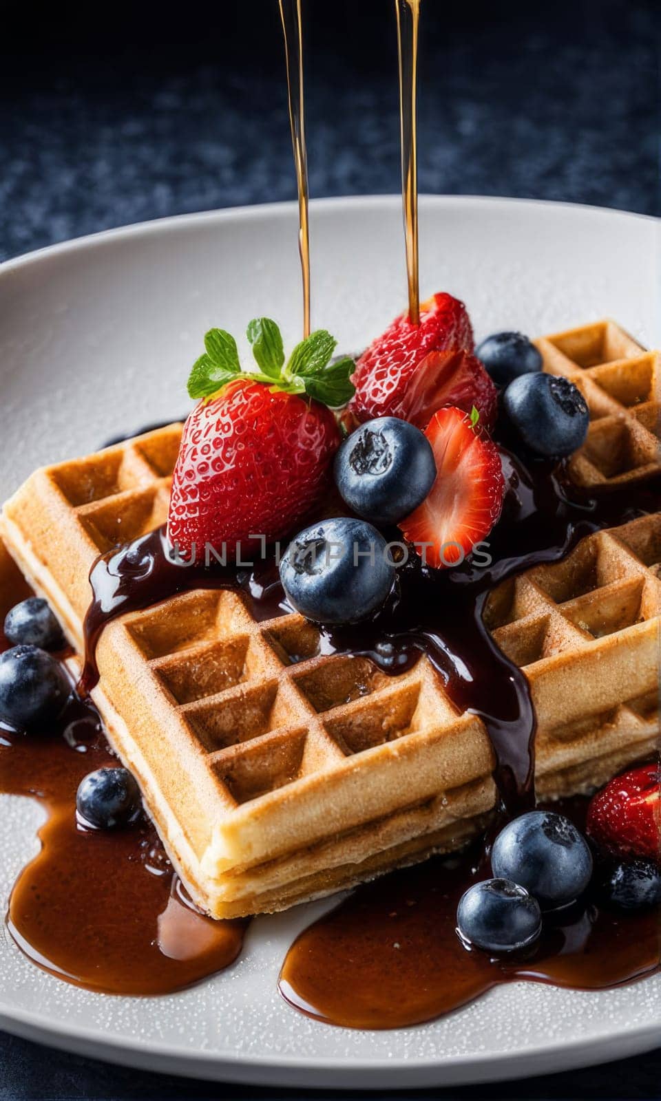Irresistible waffles presented with an array of fresh berries. Mint leaves add a fresh touch, making this image suitable for lifestyle branding and food related content