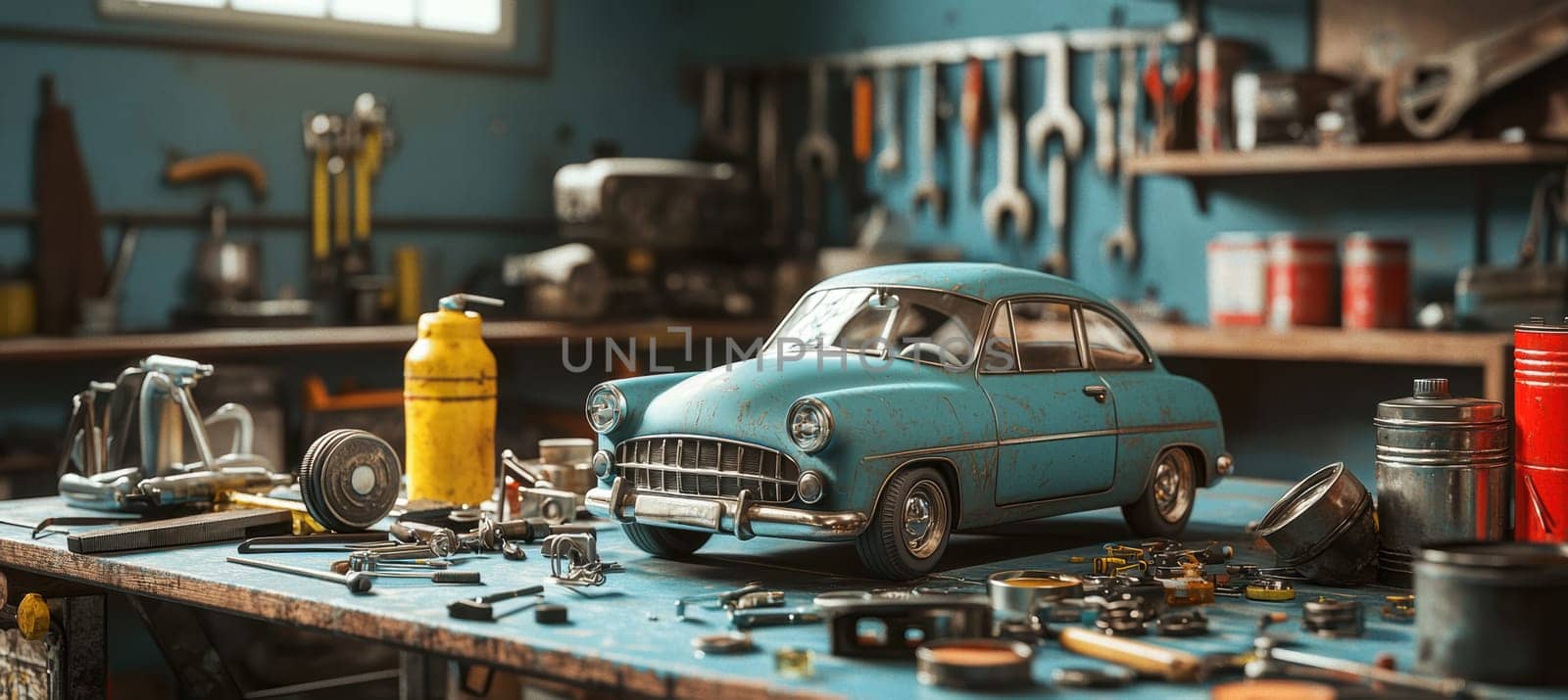 A piggy bank shaped like a vintage car sits on a mechanic's workbench surrounded by tools, oil cans, and car parts, symbolizing the concept of saving for car restoration projects. the backdrop includes garage shelves and natural light.