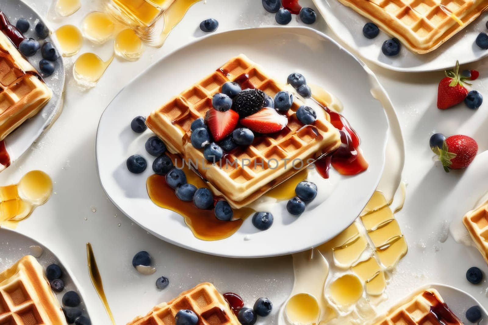 Tempting display of waffles layered with strawberries and blueberries. Accompanied by syrup and a fresh berry bowl, creating a visually appealing breakfast spread perfect for food marketing