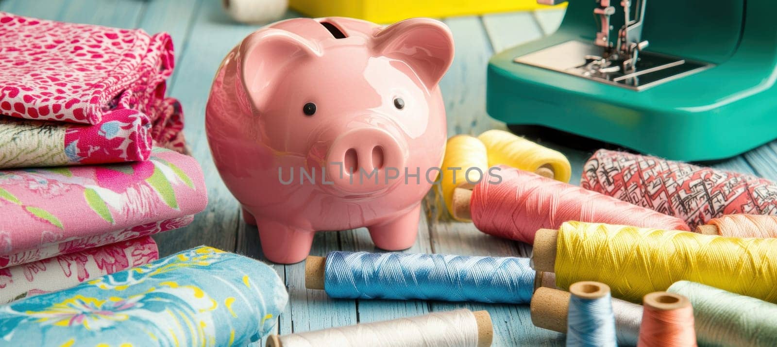 Piggy bank amidst vibrant fabrics, sewing machine, and thread spools, representing saving for fashion projects or sewing hobbies. the bright, colorful background highlights a creative and inspirational sewing room environment.