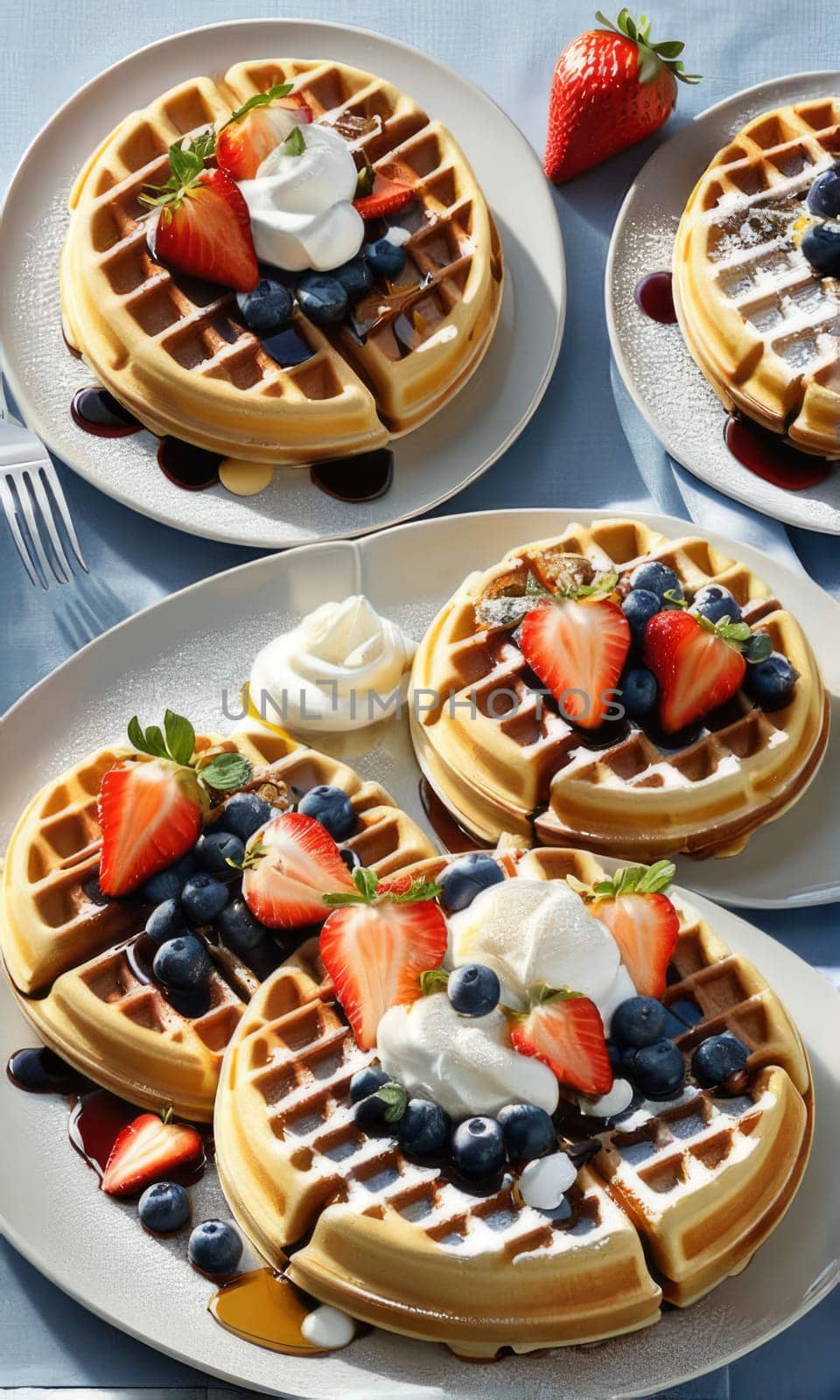 Delectable waffles presented with an array of fresh berries. Plates showcase inviting colors, with syrup cascading down, ideal for showcasing brunch culture and culinary inspiration