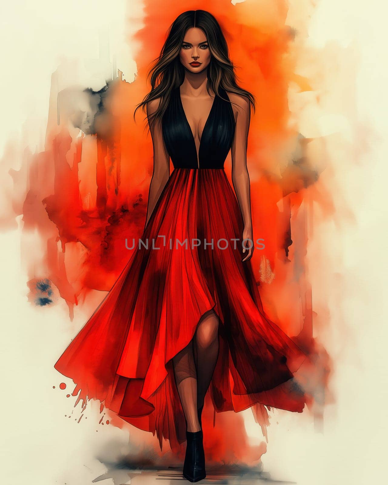 Watercolor illustration of a young woman in elegant clothing. Selective focus.