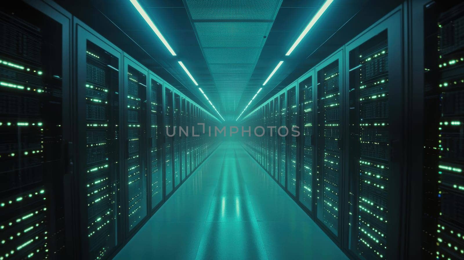 Rows of servers stretch into the distance in a futuristic data center. cool-toned lighting and flashing lights create a dynamic, pulsating effect, enhancing the high-tech ambiance and showcasing the vastness of the digital infrastructure.