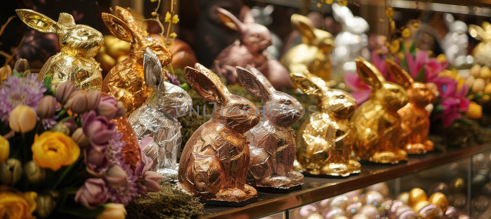 Gourmet shop's high-end easter chocolate exhibit features intricately designed eggs and bunnies in gold foil. the elegant display, adorned with fresh flowers, exudes sophistication, capturing the festive spirit and artisanal craftsmanship.