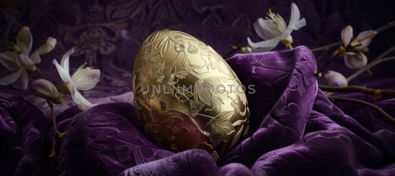 Luxurious easter card design featuring a gold egg intricately engraved with floral patterns. the egg rests on rich purple velvet surrounded by delicate white blossoms, combining elegance and festive charm for a sophisticated holiday aesthetic.