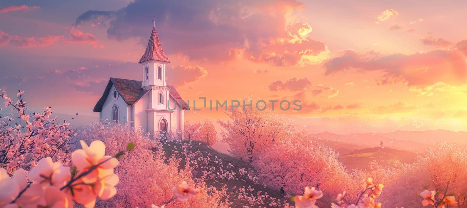 A tranquil easter scene showcasing a picturesque church atop a hill, surrounded by blooming cherry blossoms. the sky glows with soft pink and orange hues from the sunset, creating a peaceful and reflective ambiance, ideal for seasonal designs.