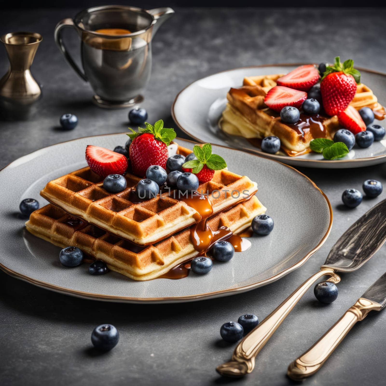 Golden waffles served on stylish plates, surrounded by fresh berries and syrup. Bright colors and inviting textures create a delightful breakfast scene, perfect for food marketing and branding