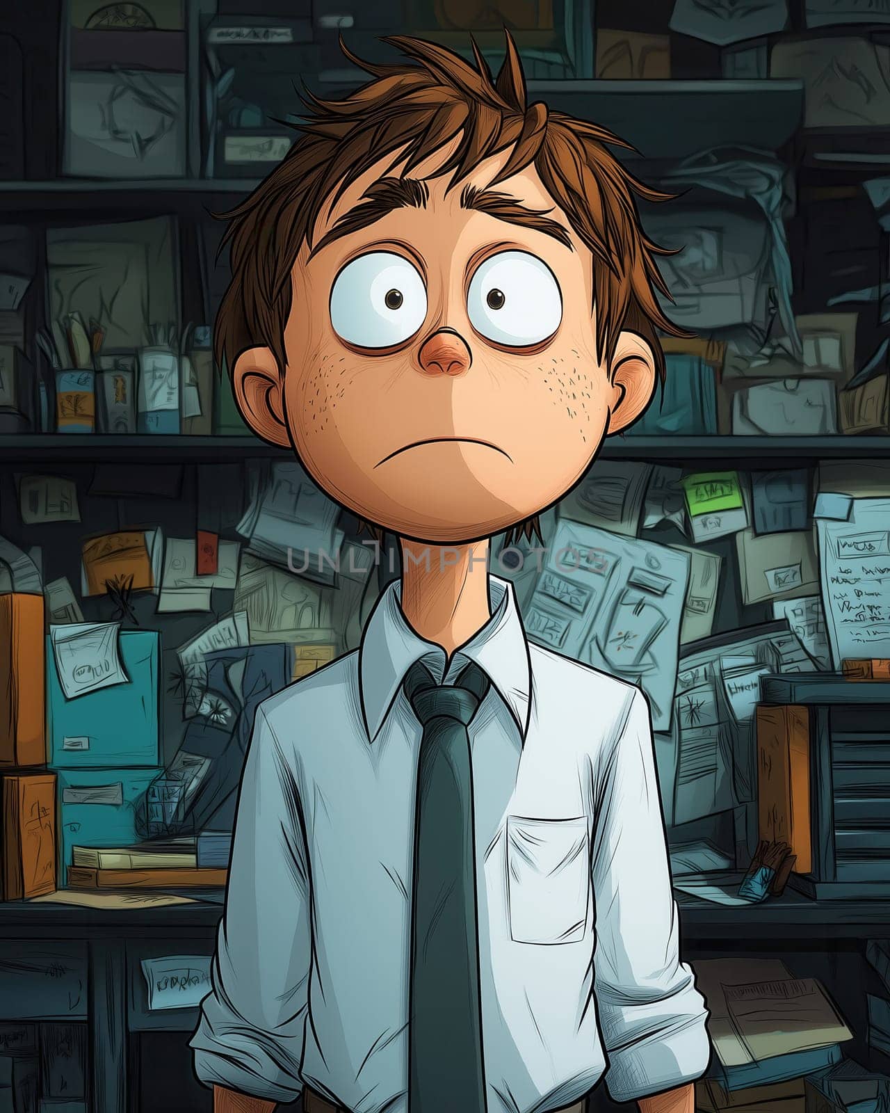 Caricature of tired office worker man in white shirt. Selective focus.