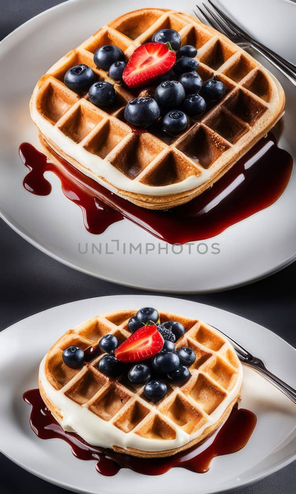 Appetizing waffles garnished with fresh strawberries, blueberries, and syrup. Colorful display and inviting arrangement make it perfect for recipe sharing and engaging food photography