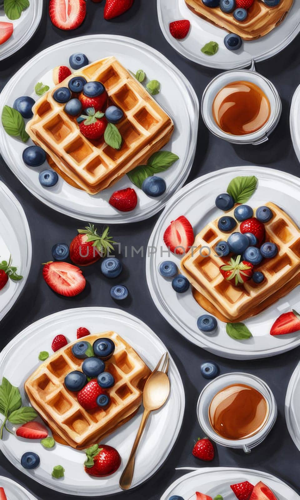 Assorted waffles served on elegant plates, garnished with vibrant berries. Rich syrup and a cozy table setting evoke a delightful brunch atmosphere, ideal for culinary blogs and social media posts