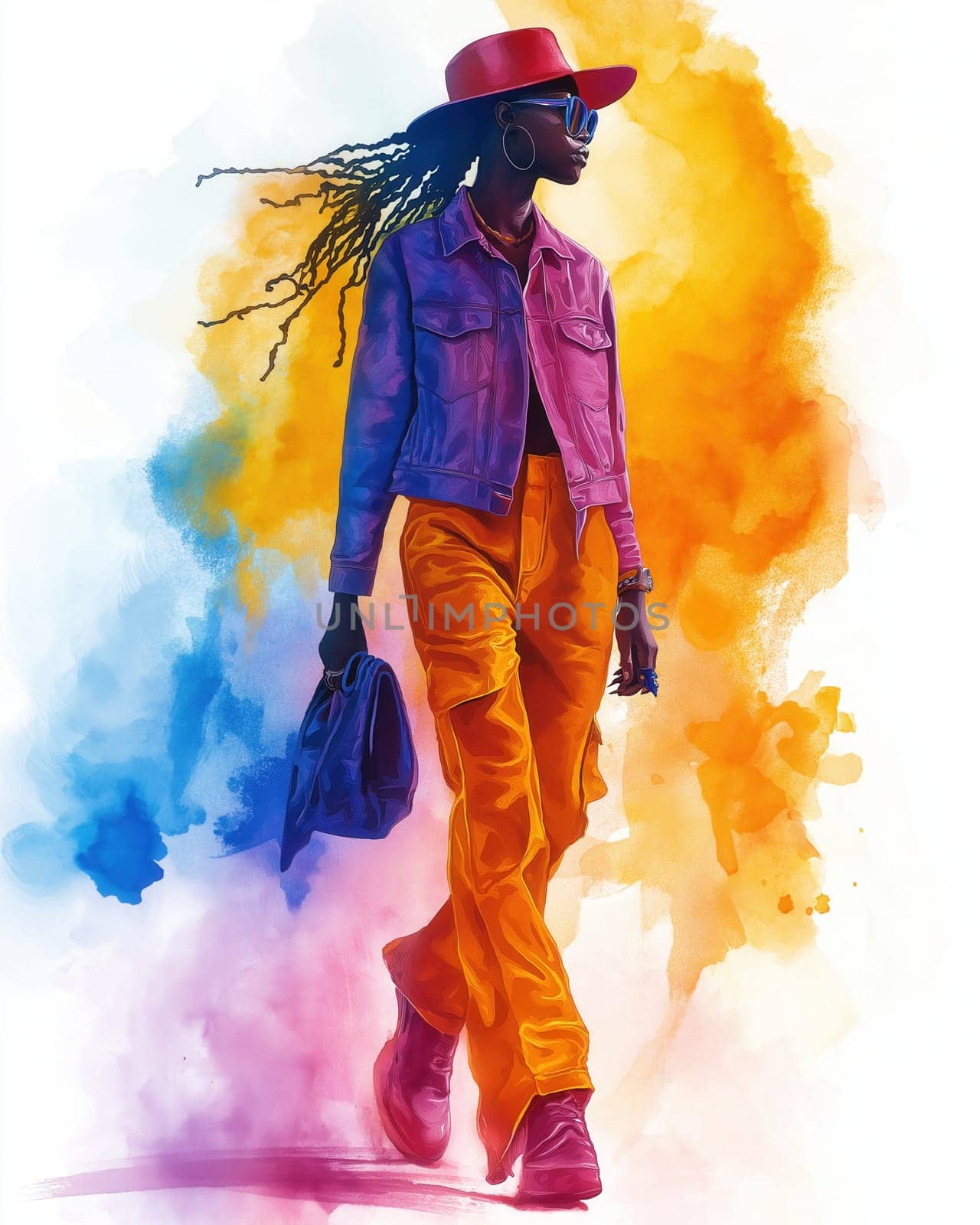 Watercolor illustration of a young woman in elegant clothing. Selective focus.