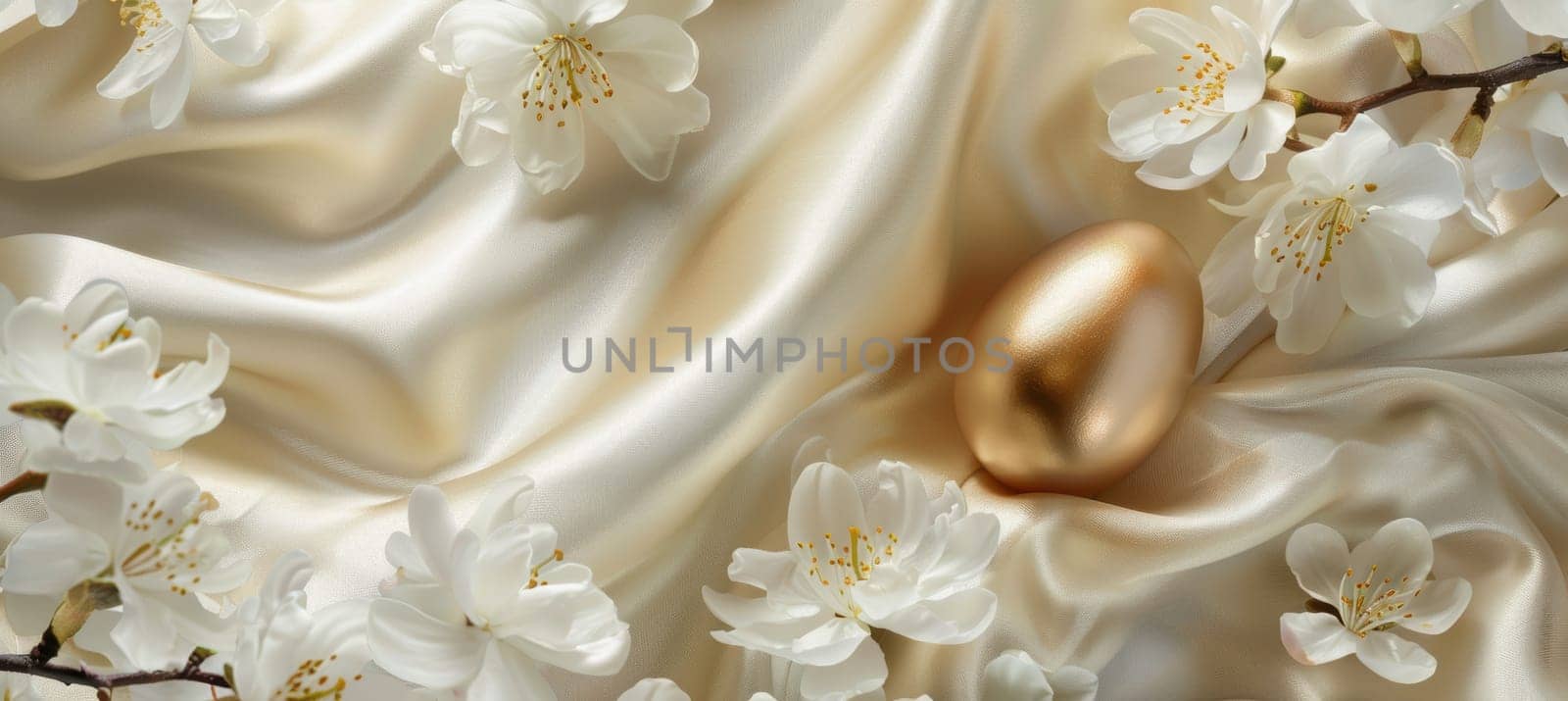 Luxurious easter design showcasing a golden egg nestled on a silky fabric, surrounded by delicate white flowers. the elegant and rich composition embodies sophistication, making it ideal for festive cards or sophisticated holiday decor.