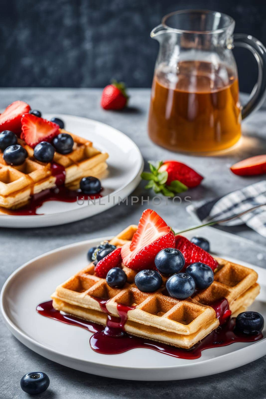 Irresistible plate of waffles topped with juicy berries and syrup. Elegant presentation and cozy atmosphere create a warm breakfast scene, ideal for lifestyle content and culinary promotions
