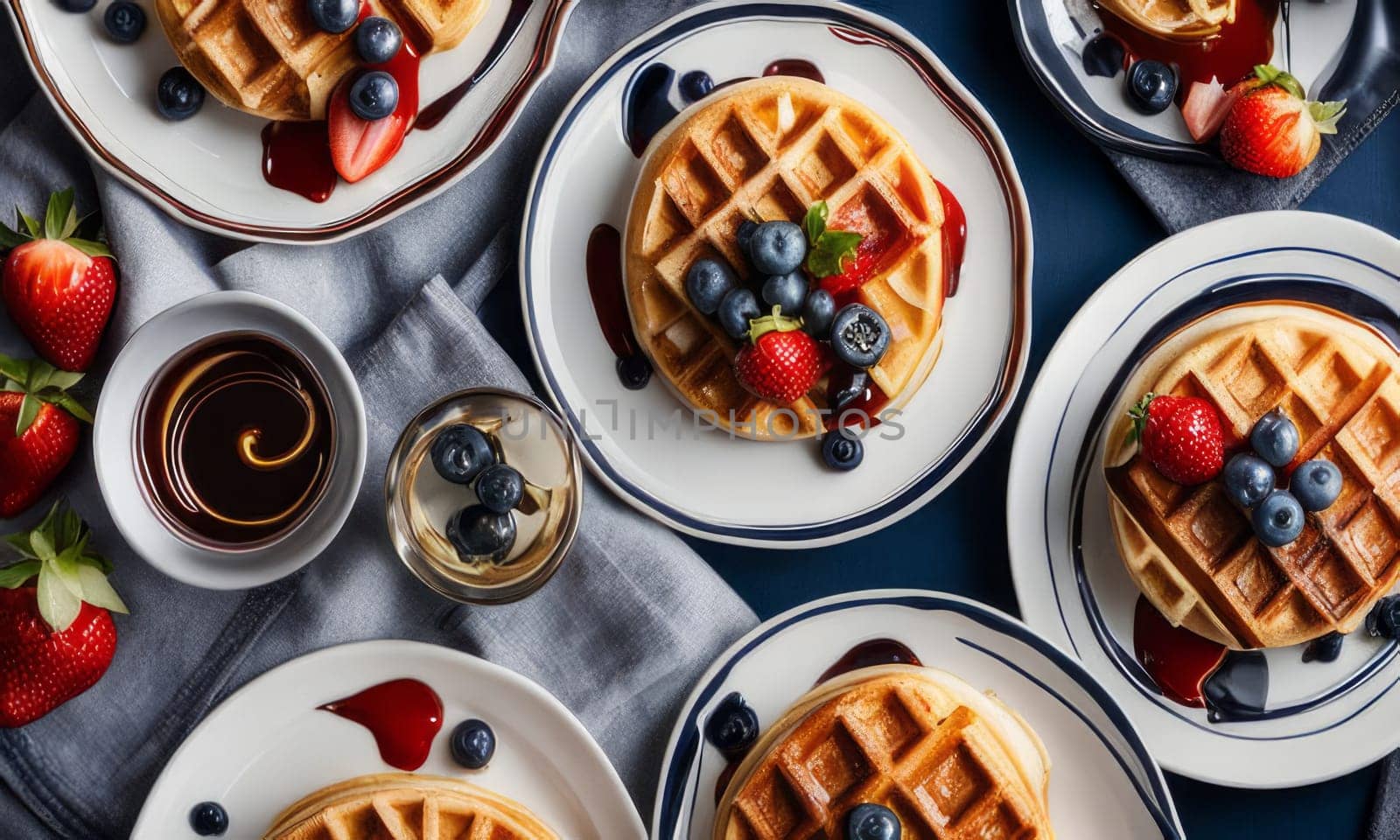 Golden waffles served on stylish plates, surrounded by fresh berries and syrup. Bright colors and inviting textures create a delightful breakfast scene, perfect for food marketing and branding