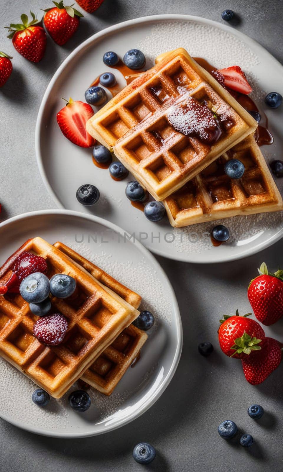 Mouthwatering waffles topped with an assortment of berries and syrup. Beautifully arranged table setting captures warmth and comfort, ideal for promoting brunch ideas and culinary creativity