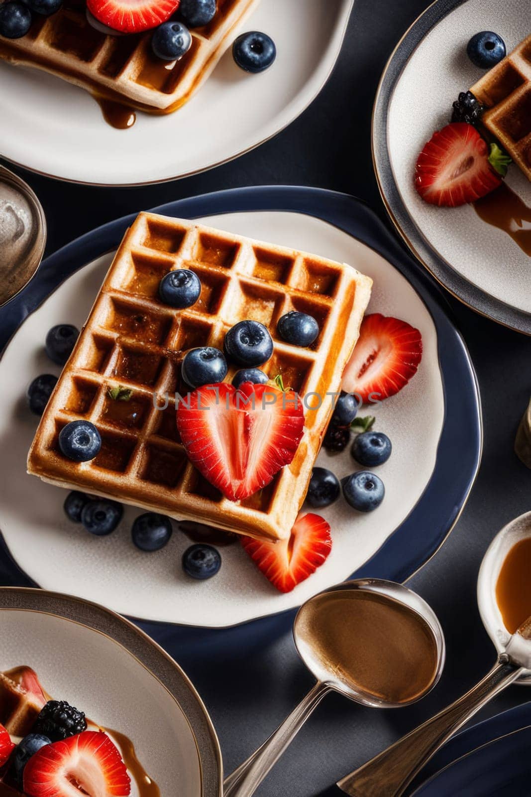 Beautifully plated waffles topped with fresh strawberries and blueberries. Drizzled with syrup, surrounded by colorful plates, warm ambiance, creating inviting breakfast scene perfect for food lovers