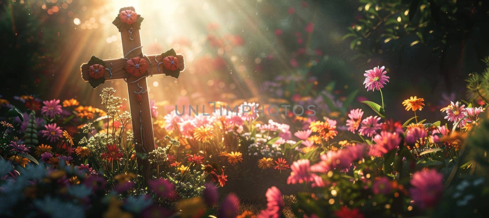 A tranquil easter scene featuring a decorated cross in a lush garden filled with vibrant flowers. sunlight streams gently, enhancing the spiritual atmosphere. ideal for easter-themed designs, faith-based posters, or peaceful spiritual messages.