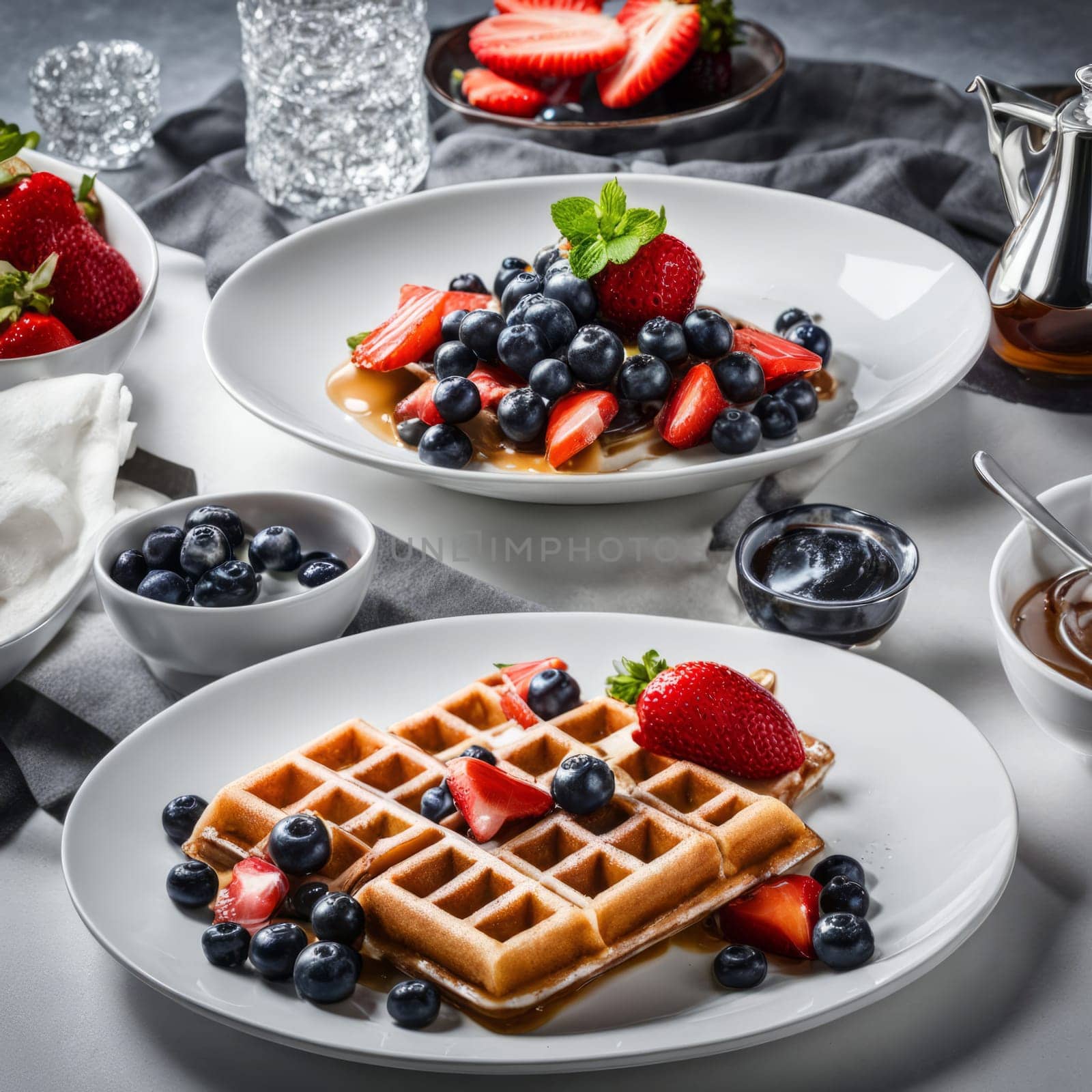 Tempting display of waffles layered with strawberries and blueberries. Accompanied by syrup and a fresh berry bowl, creating a visually appealing breakfast spread perfect for food marketing