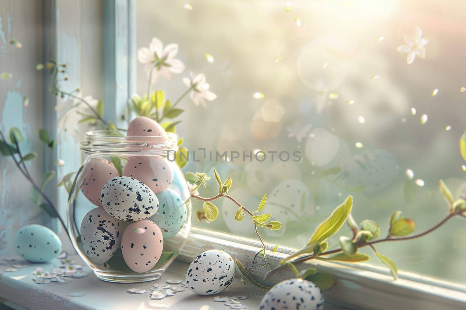Delicate pastel-colored easter eggs in a glass jar sit on a windowsill adorned with fresh spring flowers. the soft morning light bathes the scene, creating a serene and festive atmosphere perfect for springtime decor inspiration.