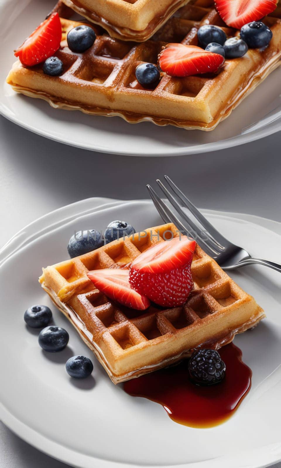 Exquisite waffles presented with vibrant strawberries and blueberries. Rich syrup enhances visual appeal, making it perfect for culinary advertisements and engaging food-related content