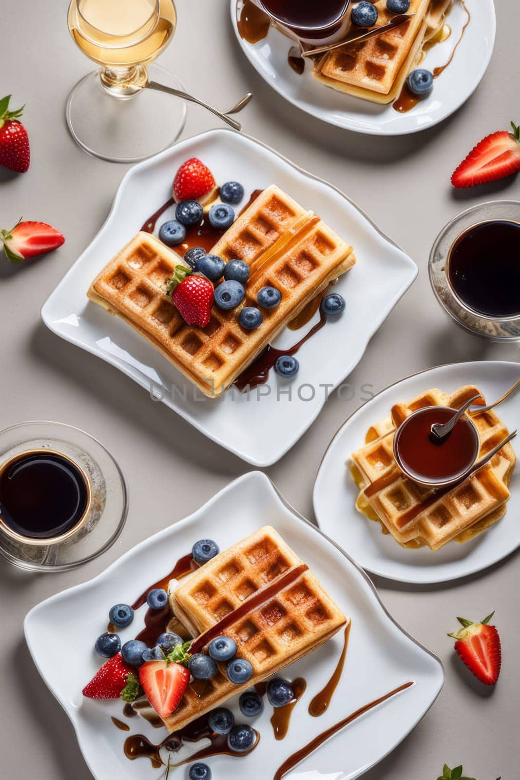 Beautifully plated waffles topped with fresh strawberries and blueberries. Drizzled with syrup, surrounded by colorful plates, warm ambiance, creating inviting breakfast scene perfect for food lovers