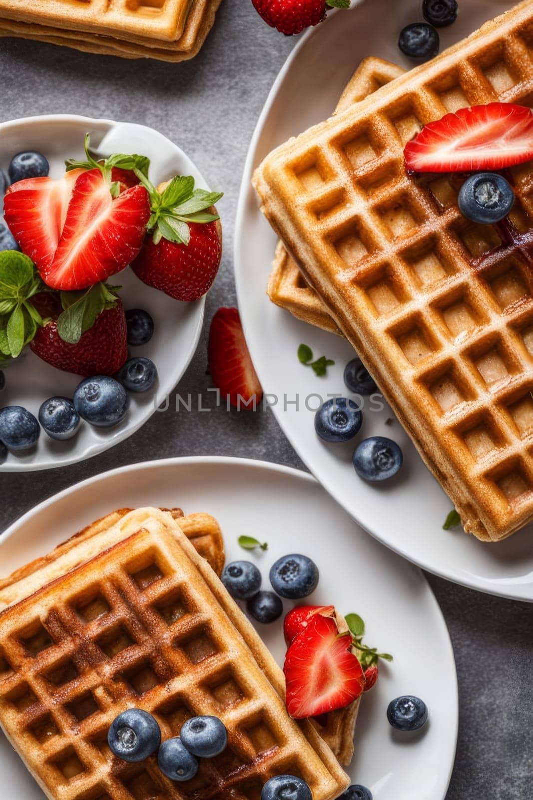 Tempting display of waffles layered with strawberries and blueberries. Accompanied by syrup and a fresh berry bowl, creating a visually appealing breakfast spread perfect for food marketing
