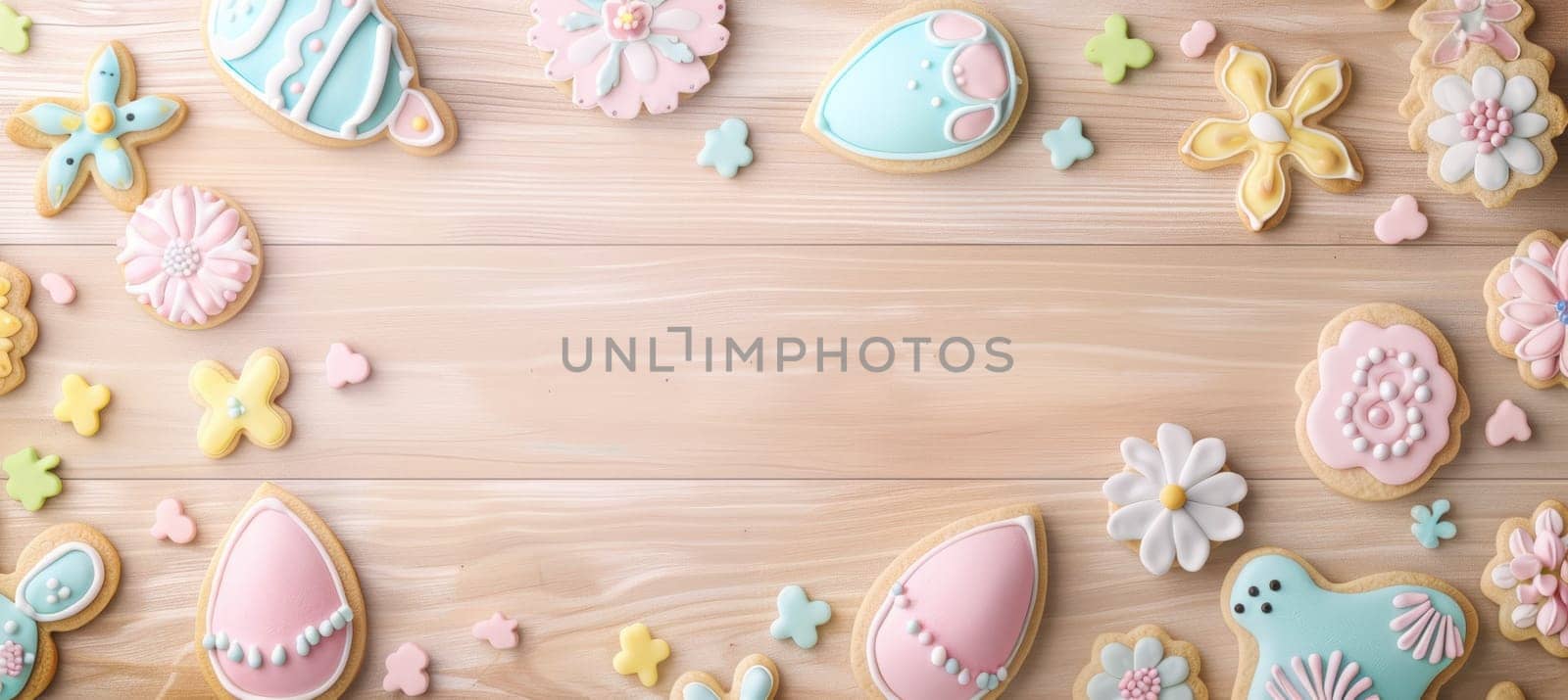 Easter-themed flat lay featuring pastel-colored cookies shaped like eggs, bunnies, and flowers on a wooden table. the vibrant decorations create a festive and inviting atmosphere, perfect for spring holiday designs, cards, or posters.