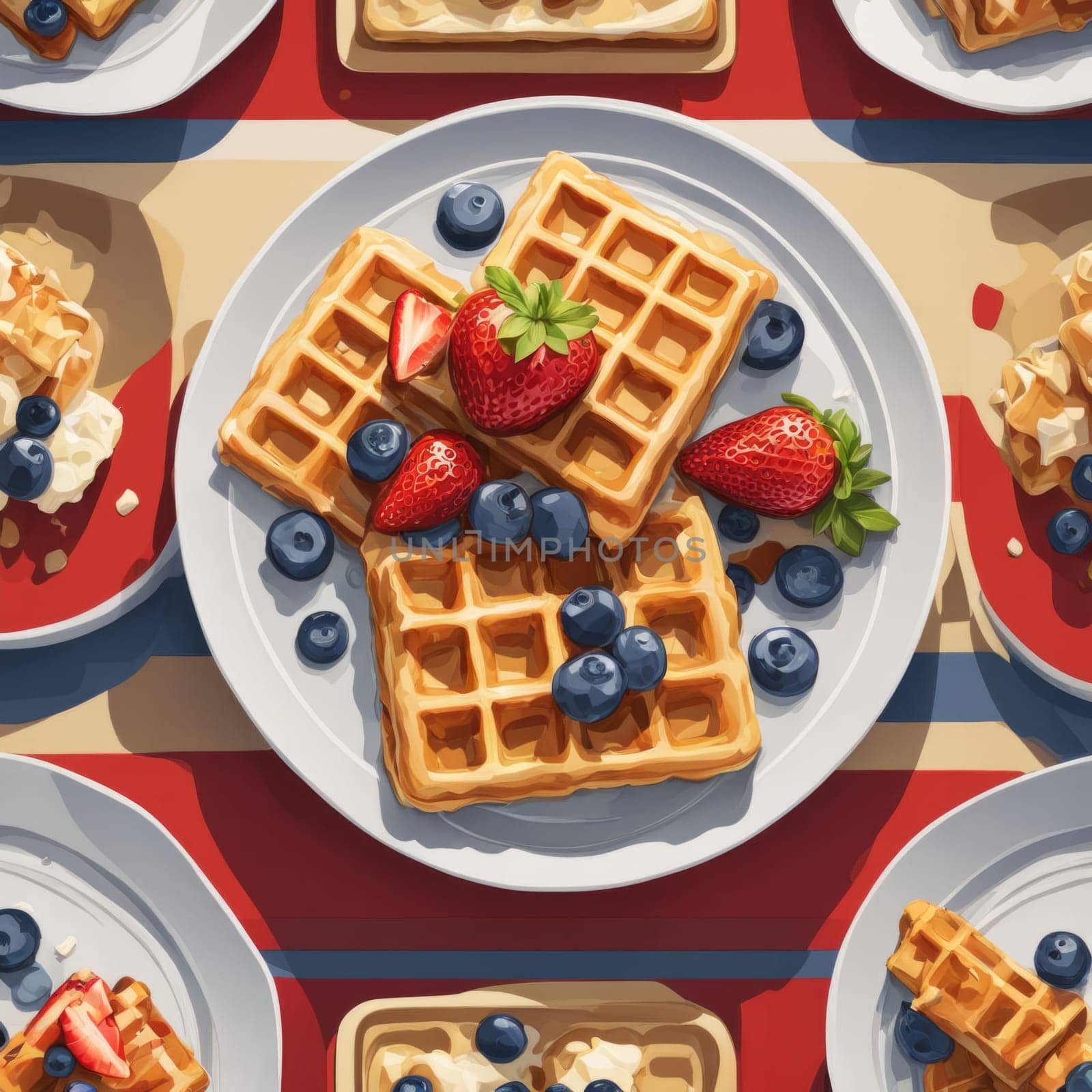 Scrumptious waffles surrounded by strawberries and blueberries, drizzled with syrup. Inviting table setting captures attention, making it perfect for food-related advertisements and blogs