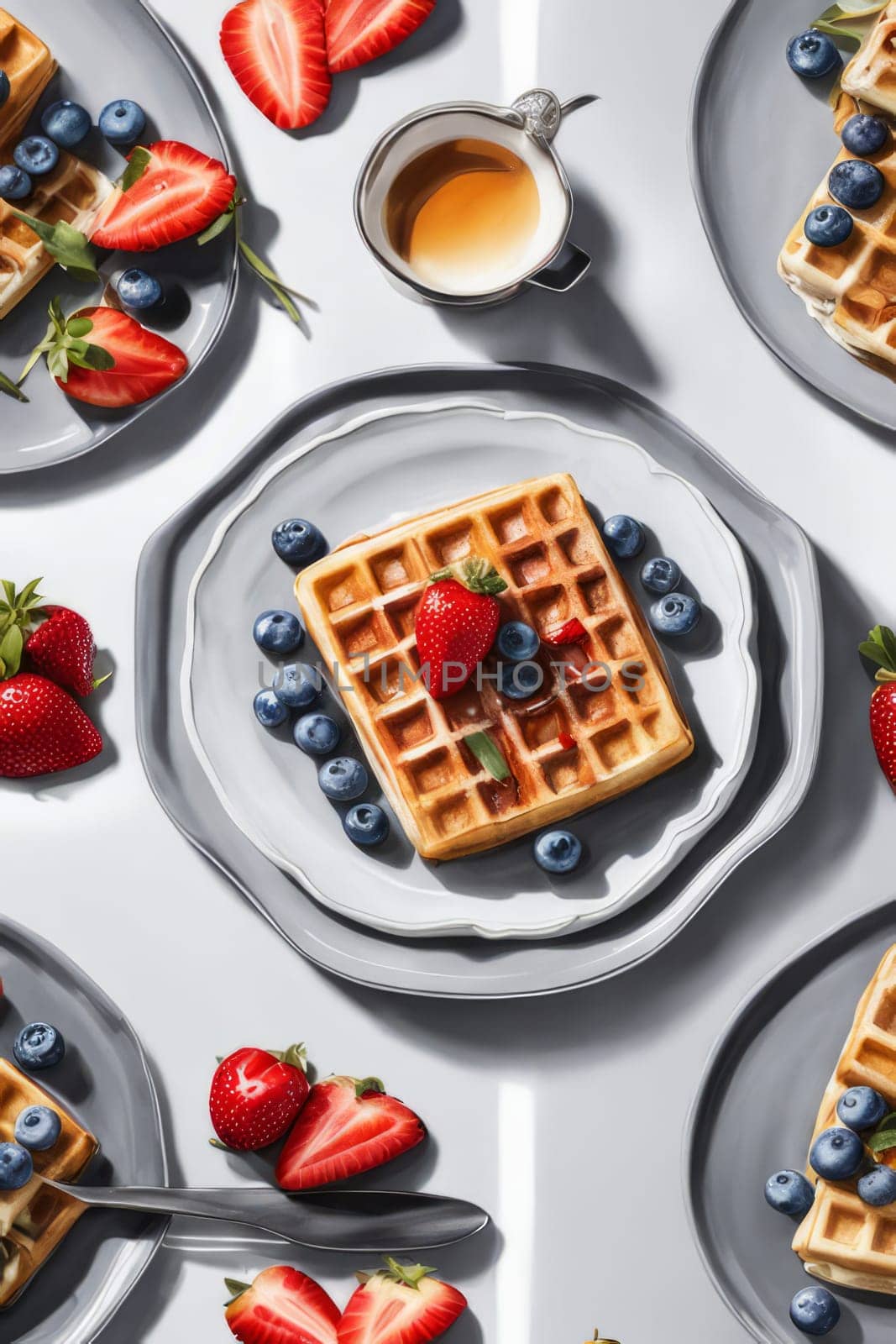 Scrumptious waffles surrounded by strawberries and blueberries, drizzled with syrup. Inviting table setting captures attention, making it perfect for food-related advertisements and blogs
