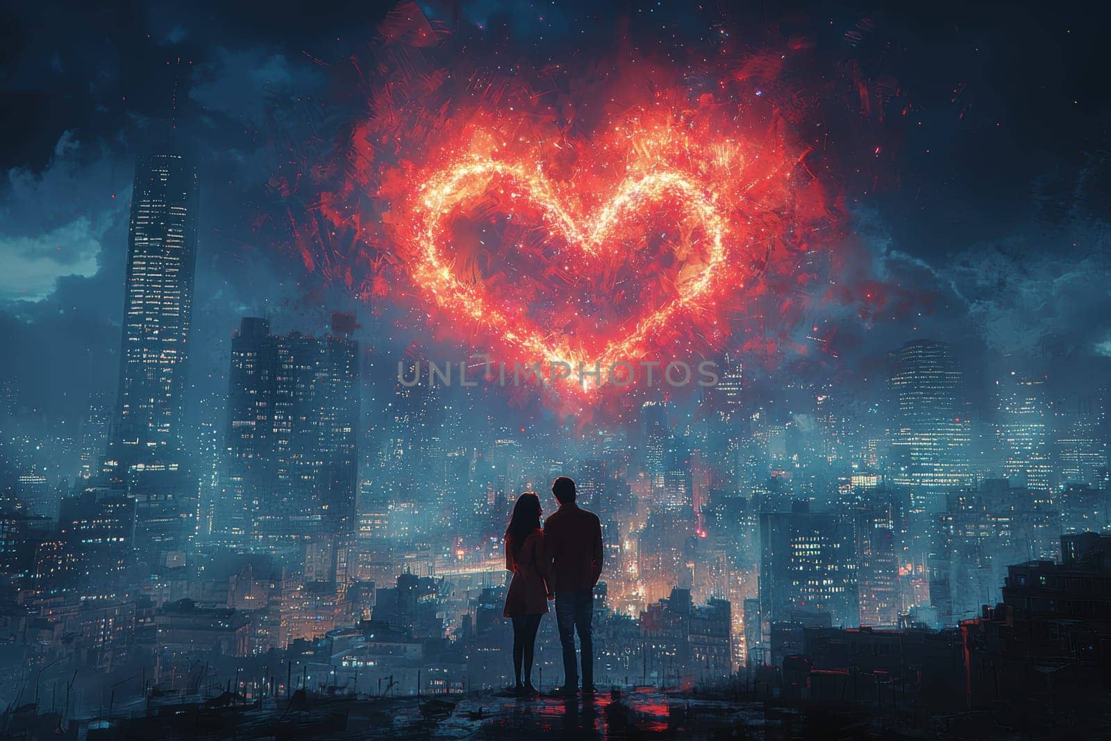 A couple stands closely together, enjoying vibrant heartshaped fireworks against a magical city skyline view