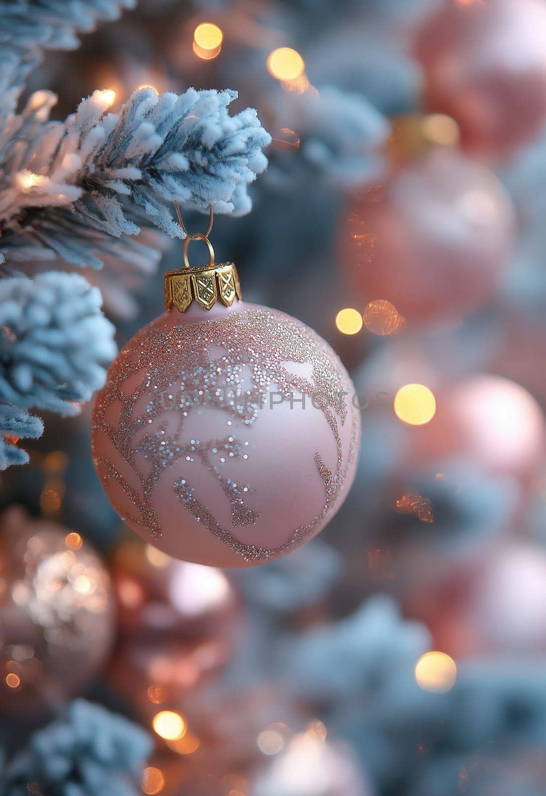 Christmas card in pastel pink. Selective focus.